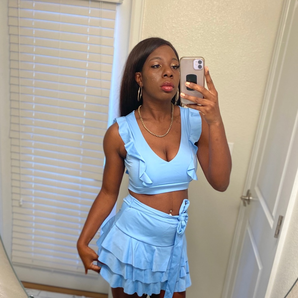 Light Blue ruffle two piece skirt set